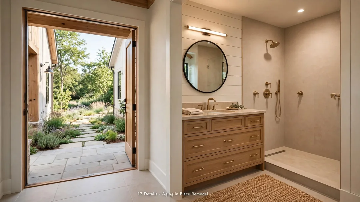 Aging in place remodel in a Delaware County, PA home: a zero-threshold curbless shower, drawer-base wood vanity with lever faucet, warm vanity task lighting and a wide step-free doorway onto a graded stone path
