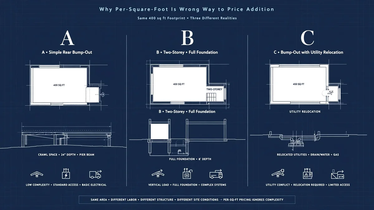 Blueprint comparison of home addition cost per square foot on the same 400 sq ft footprint: a simple rear bump-out on a crawl space, a two-storey addition on a full 8 ft foundation, and a bump-out needing drain, water and gas relocation