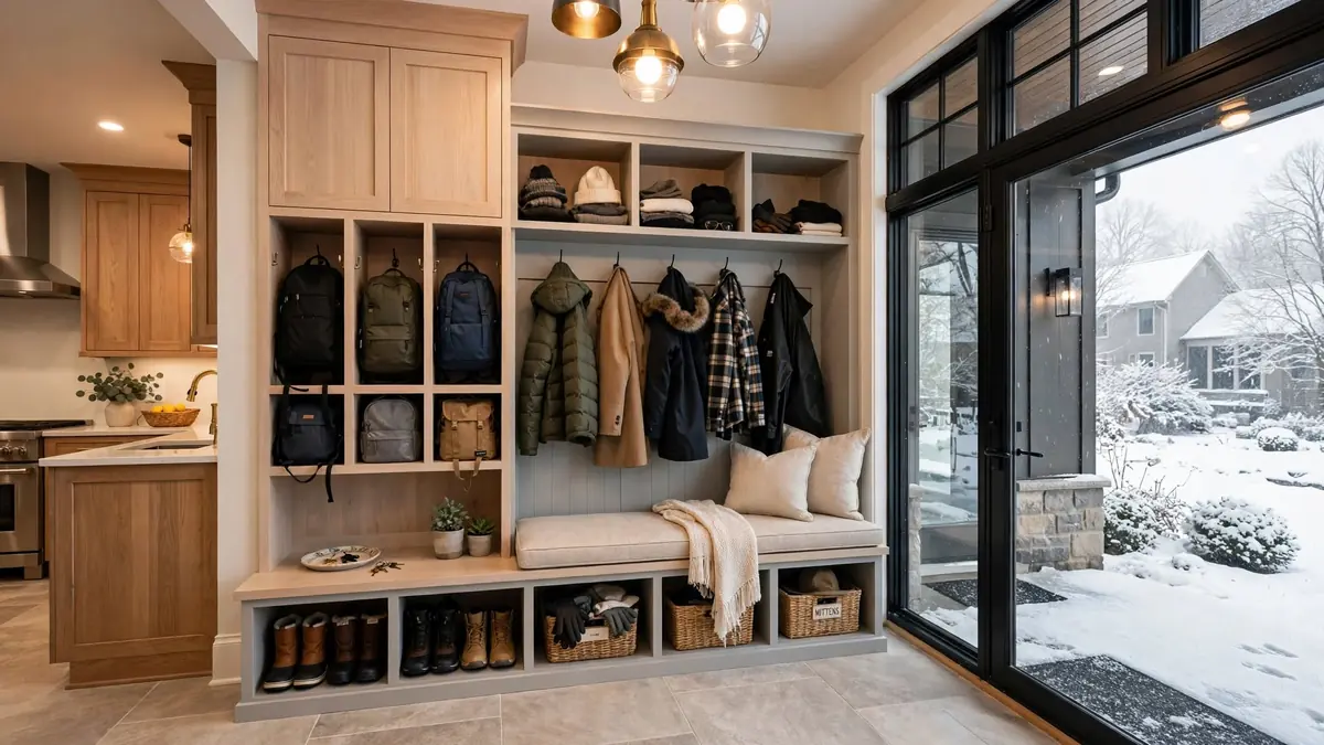 Mudroom addition in a Delaware County, PA home with built-in white oak lockers, a cushioned bench, boot cubbies and coat hooks beside a snowy glass door