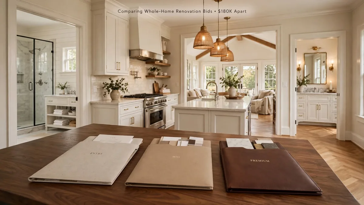 Bids from three whole home remodeling contractors laid out as Entry, Mid and Premium folders with cabinet, countertop and tile samples on a walnut table in a renovated open-plan kitchen