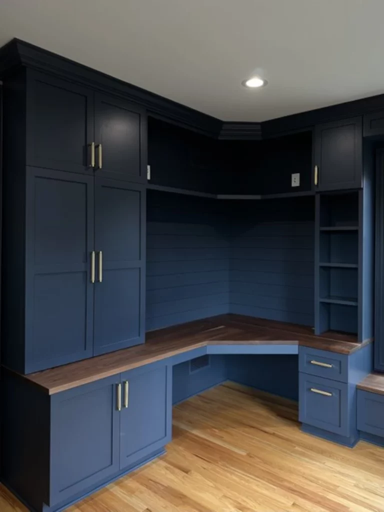 Custom mudroom storage cabinets and built-in office shelving designed by Media PA carpenters.